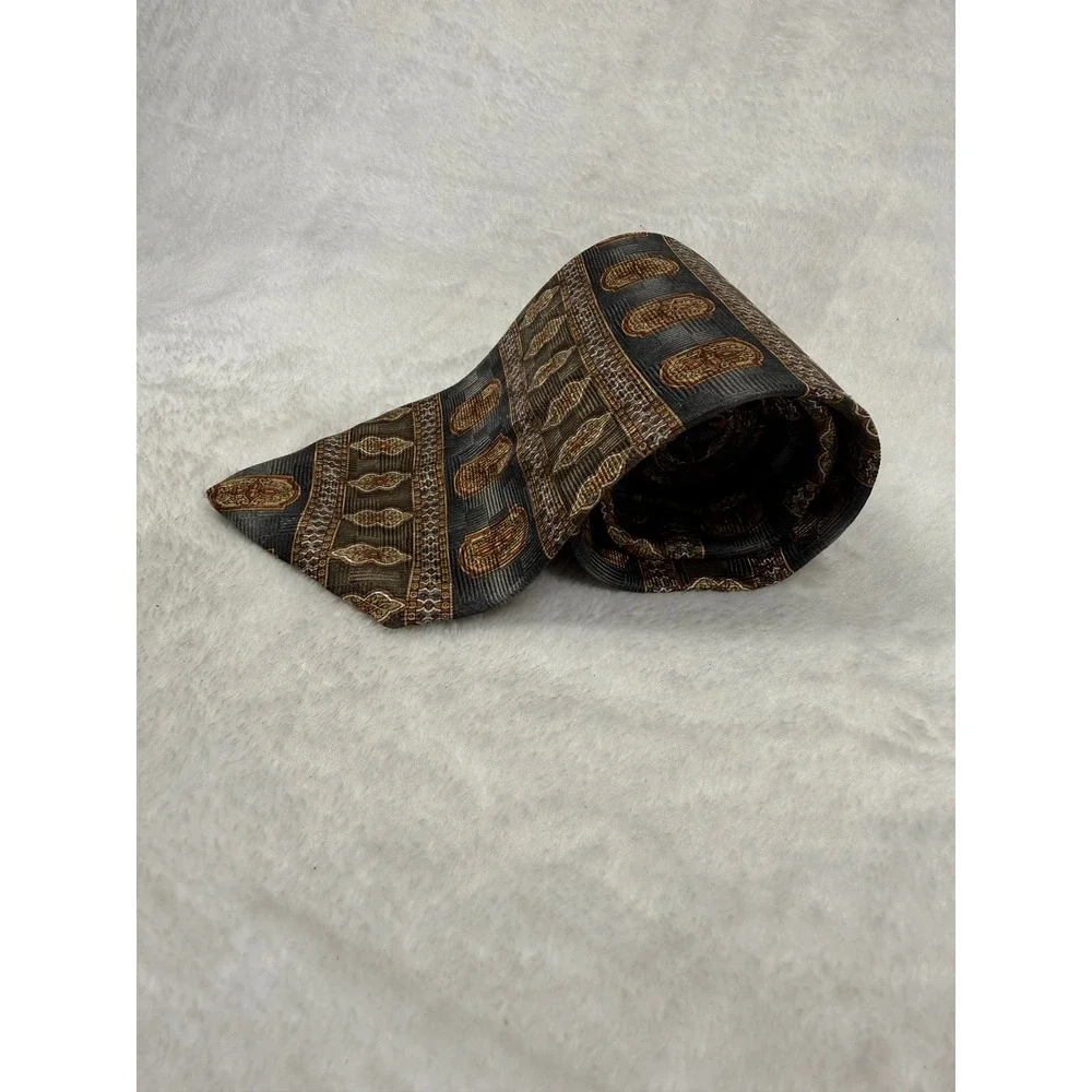 Pierre Balmain Mens Extra Long Silk Tie Grey Gold Geometric Medallion USA Made‎